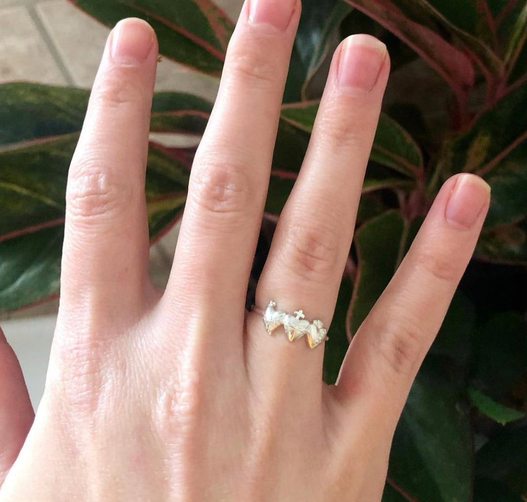 Sacred Hearts of the Holy Family Ring in Sterling Silver