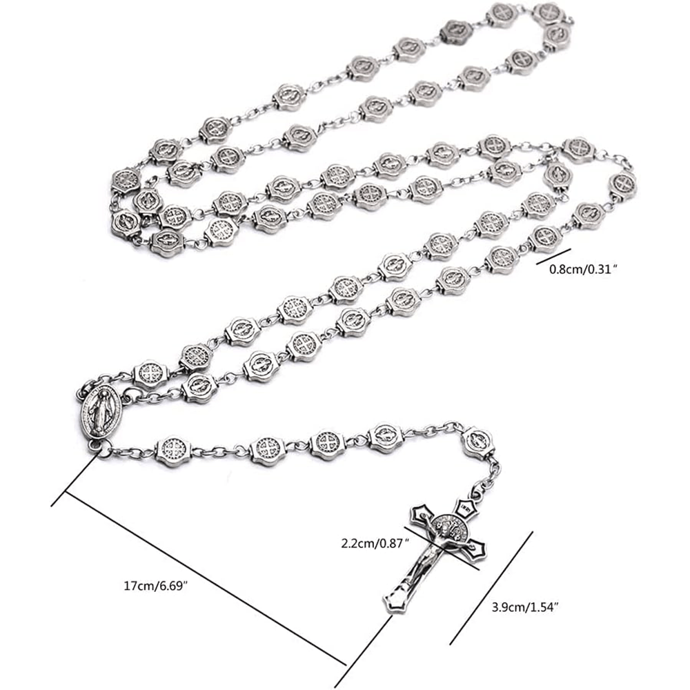 St. Benedict Medal & Crucifix, Polyhedron Silver Metal Alloy Chain Rosary