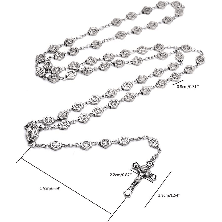 St. Benedict Medal & Crucifix, Polyhedron Silver Metal Alloy Chain Rosary