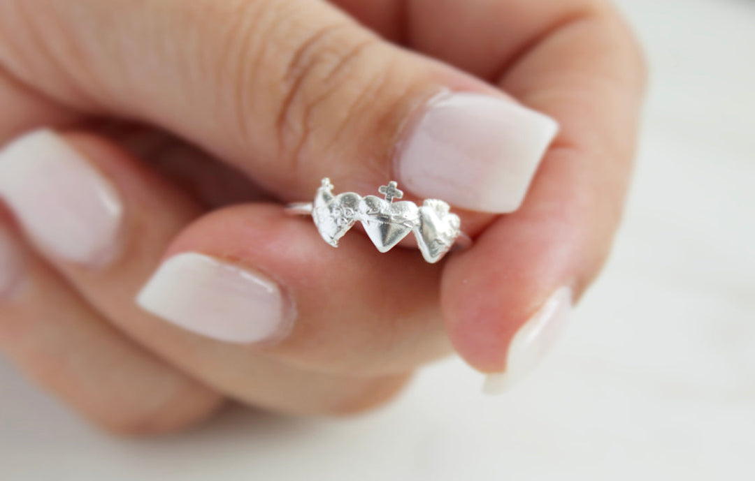 Sacred Hearts of the Holy Family Ring in Sterling Silver