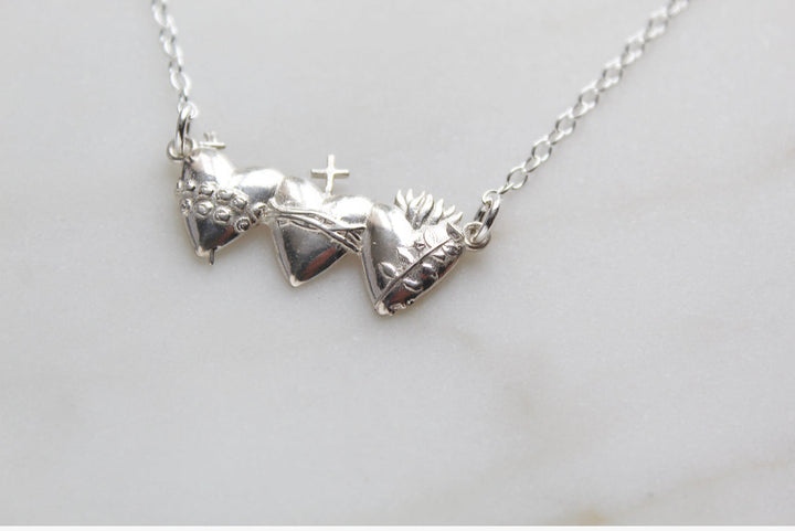 Sacred Hearts of the Holy Family Necklace in Sterling Silver