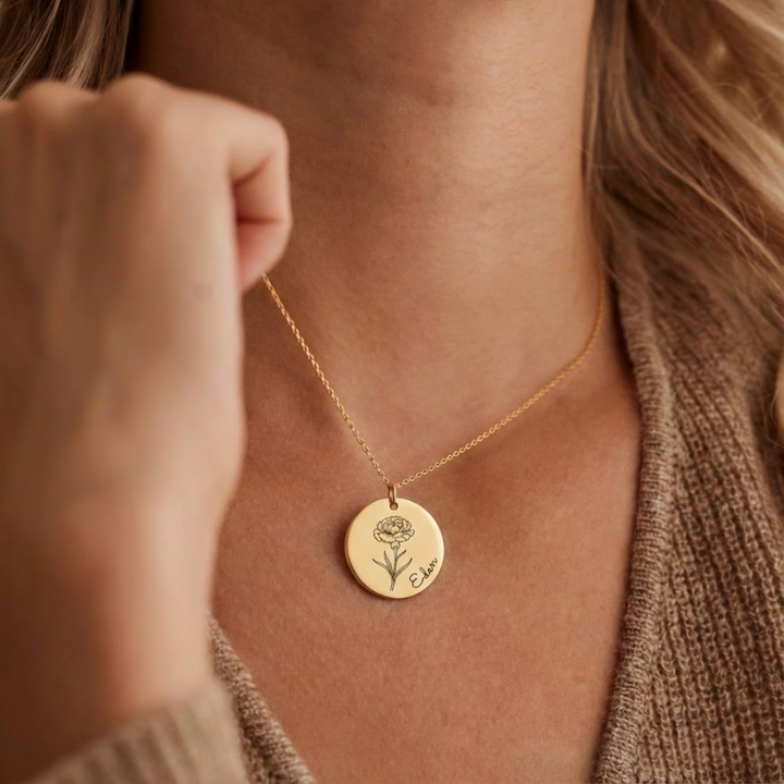 Birth Flower Engraved Necklace