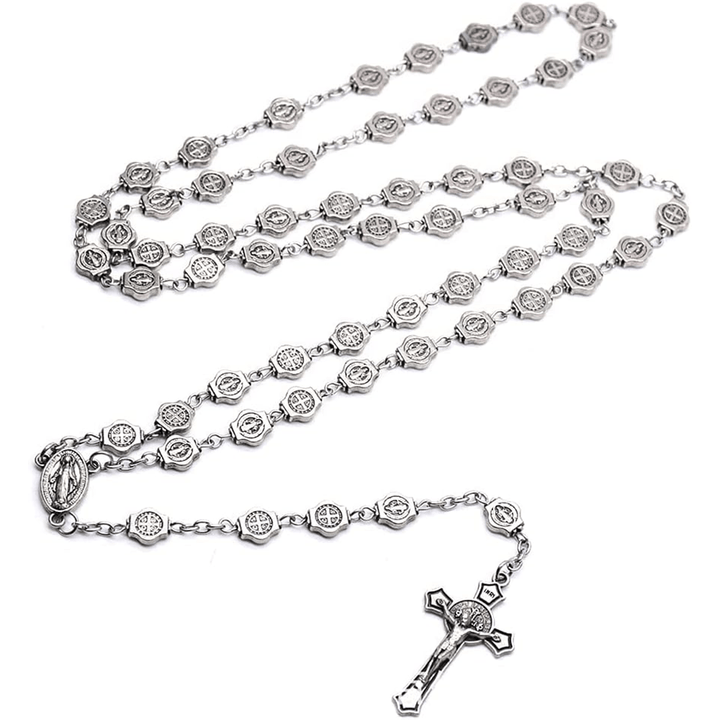 St. Benedict Medal & Crucifix, Polyhedron Silver Metal Alloy Chain Rosary