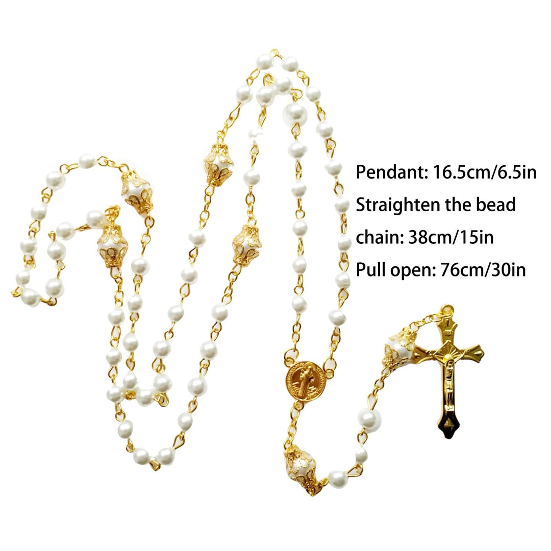 St. Benedict Medal & Crucifix, Round White Pearl Alloy Chain Rosary