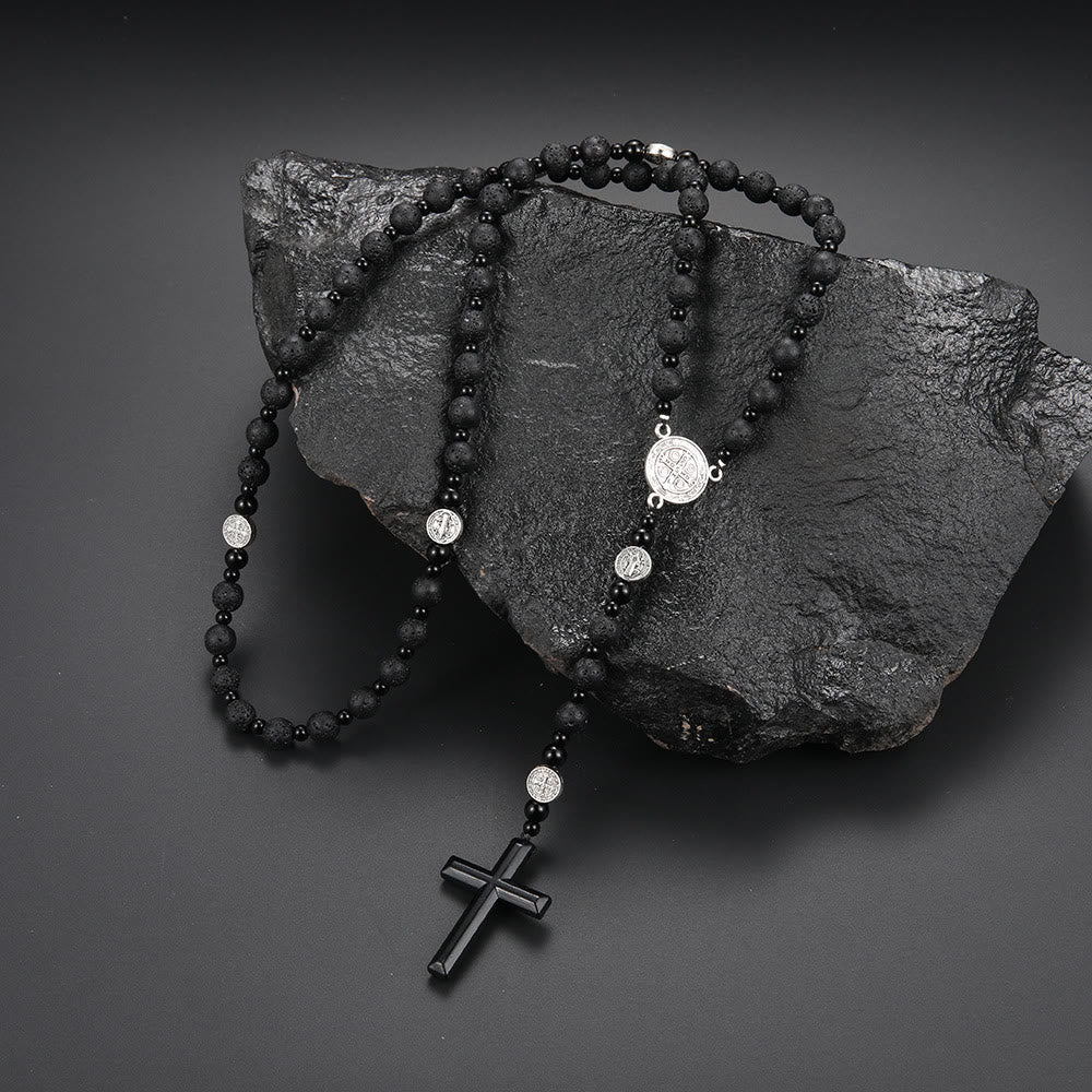 St. Benedict Medal & Cross, Round Black Multi-Material Nylon Cord Rosary