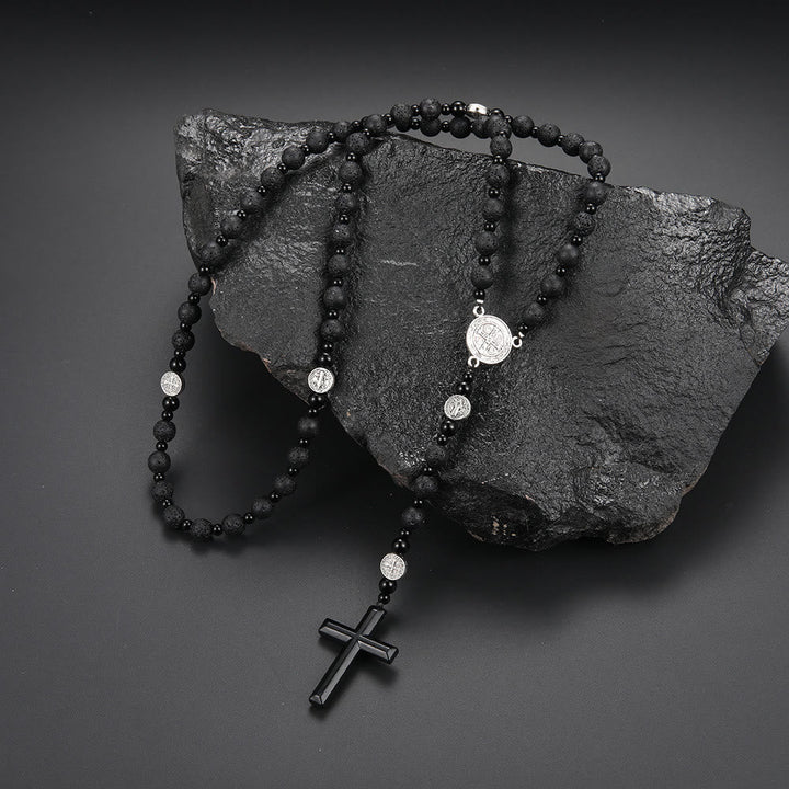 St. Benedict Medal & Cross, Round Black Multi-Material Nylon Cord Rosary