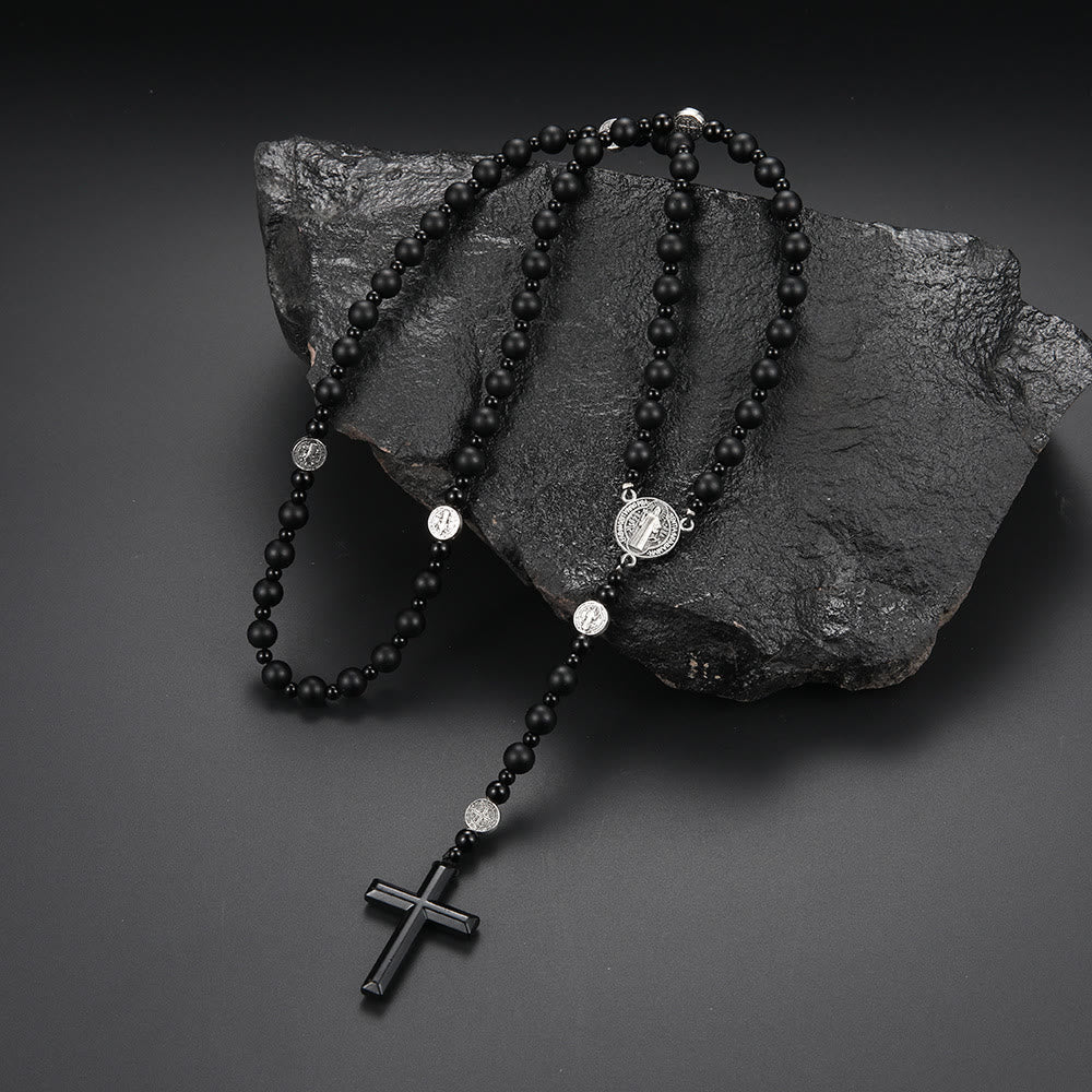 St. Benedict Medal & Cross, Round Black Multi-Material Nylon Cord Rosary