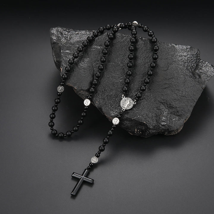 St. Benedict Medal & Cross, Round Black Multi-Material Nylon Cord Rosary
