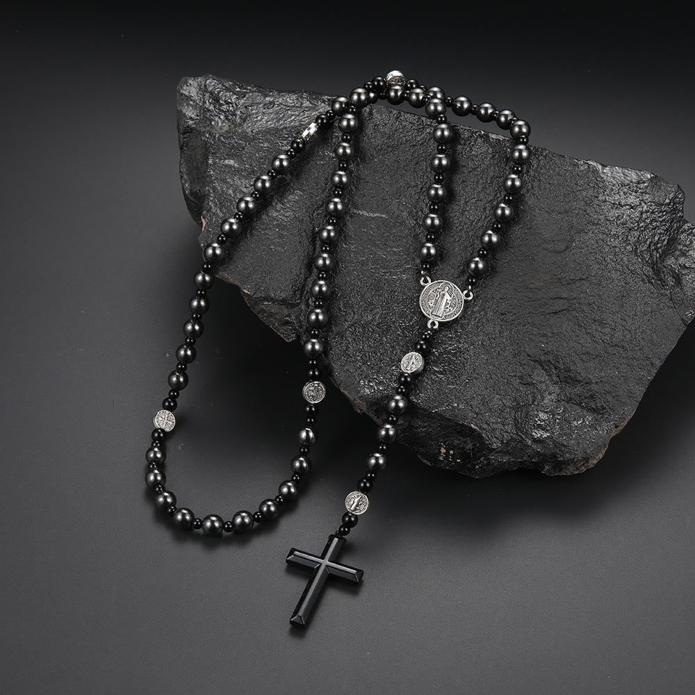 St. Benedict Medal & Cross, Round Black Multi-Material Nylon Cord Rosary