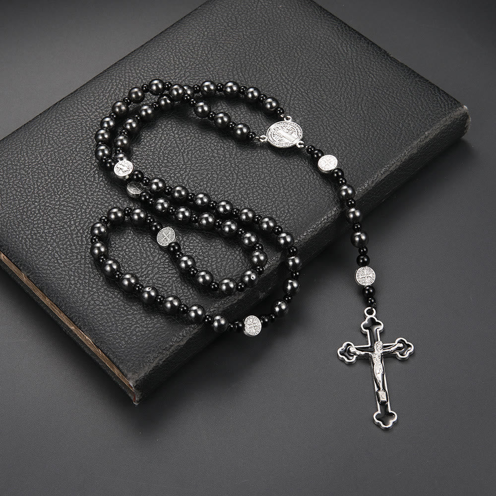 St. Benedict Medal & Cross, Round Black Multi-Material Nylon Cord Rosary