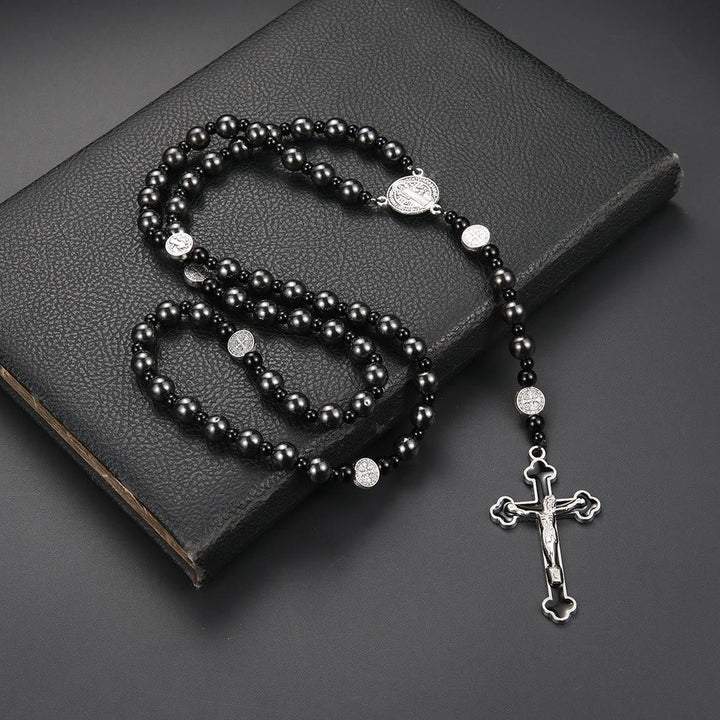St. Benedict Medal & Cross, Round Black Multi-Material Nylon Cord Rosary