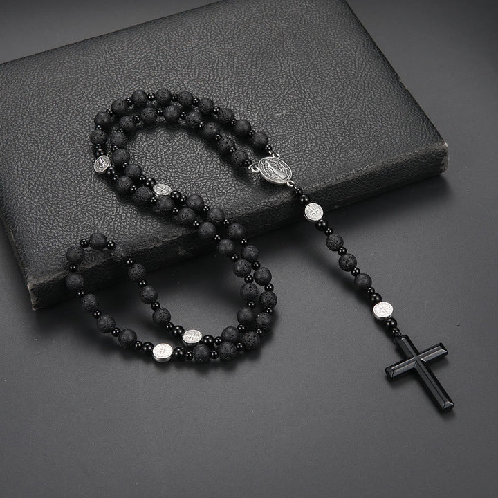 St. Benedict Medal & Cross, Round Black Multi-Material Nylon Cord Rosary