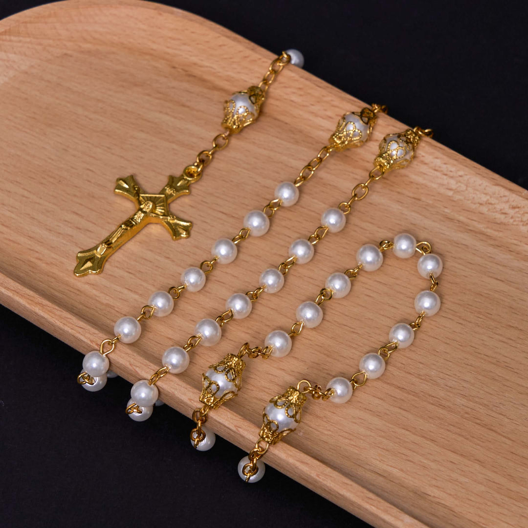 St. Benedict Medal & Crucifix, Round White Pearl Alloy Chain Rosary