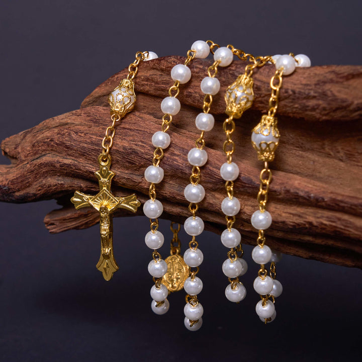 St. Benedict Medal & Crucifix, Round White Pearl Alloy Chain Rosary