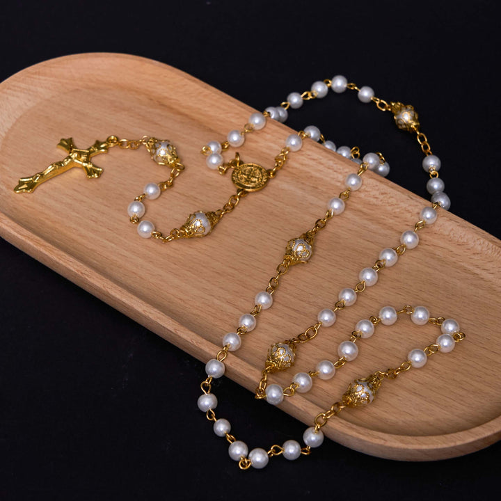 St. Benedict Medal & Crucifix, Round White Pearl Alloy Chain Rosary