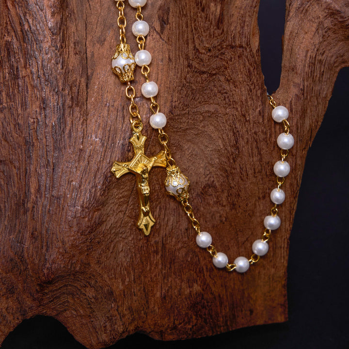 St. Benedict Medal & Crucifix, Round White Pearl Alloy Chain Rosary