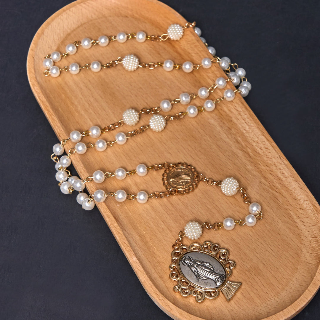 St. Benedict Medal & Miraculous Medal, Round White Pearl Alloy Chain Rosary