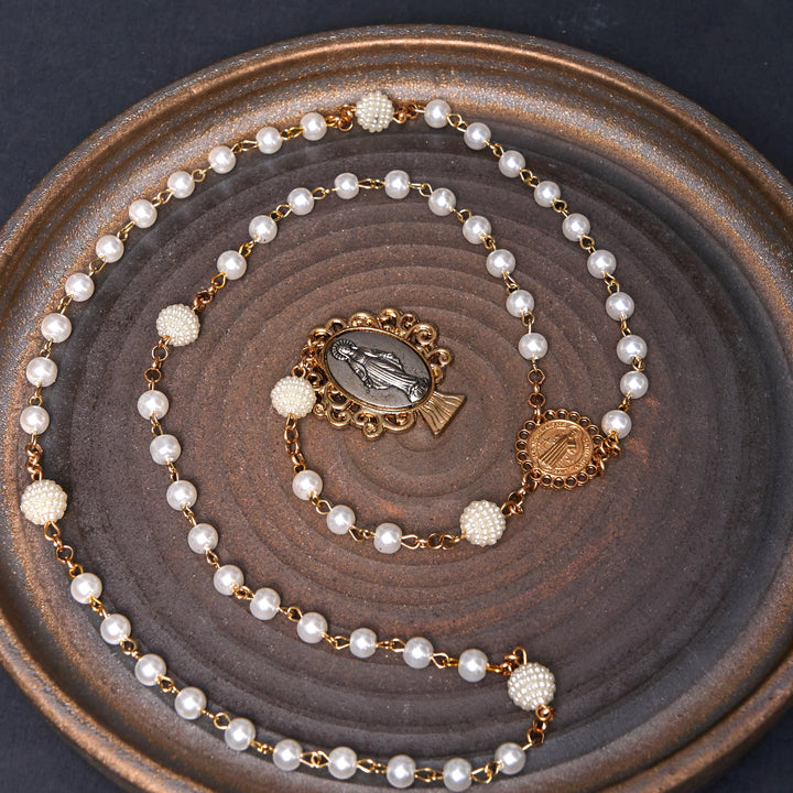 St. Benedict Medal & Miraculous Medal, Round White Pearl Alloy Chain Rosary