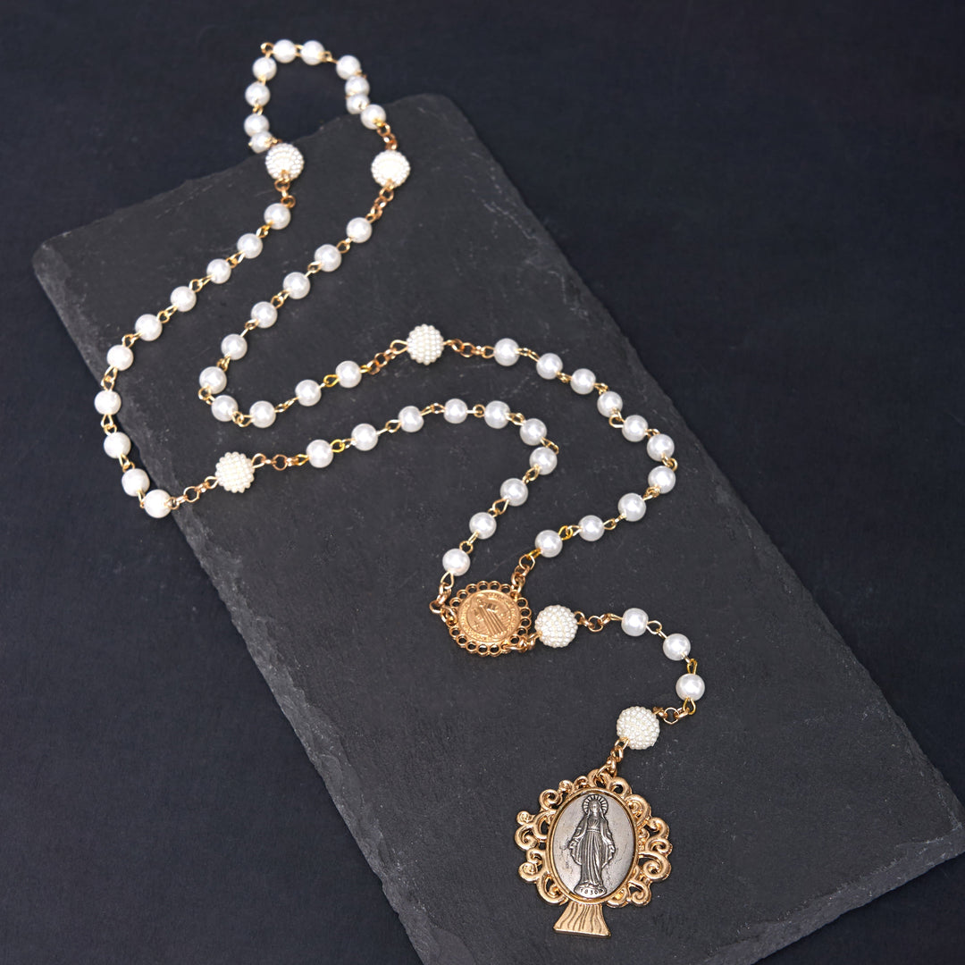 St. Benedict Medal & Miraculous Medal, Round White Pearl Alloy Chain Rosary