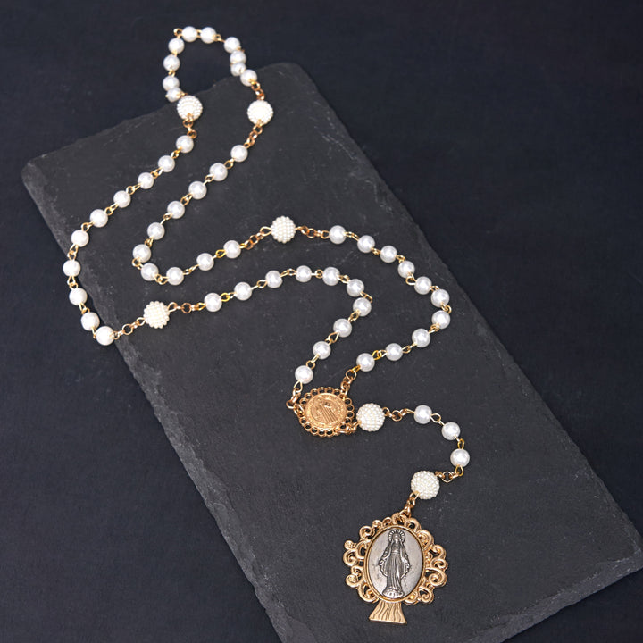 St. Benedict Medal & Miraculous Medal, Round White Pearl Alloy Chain Rosary
