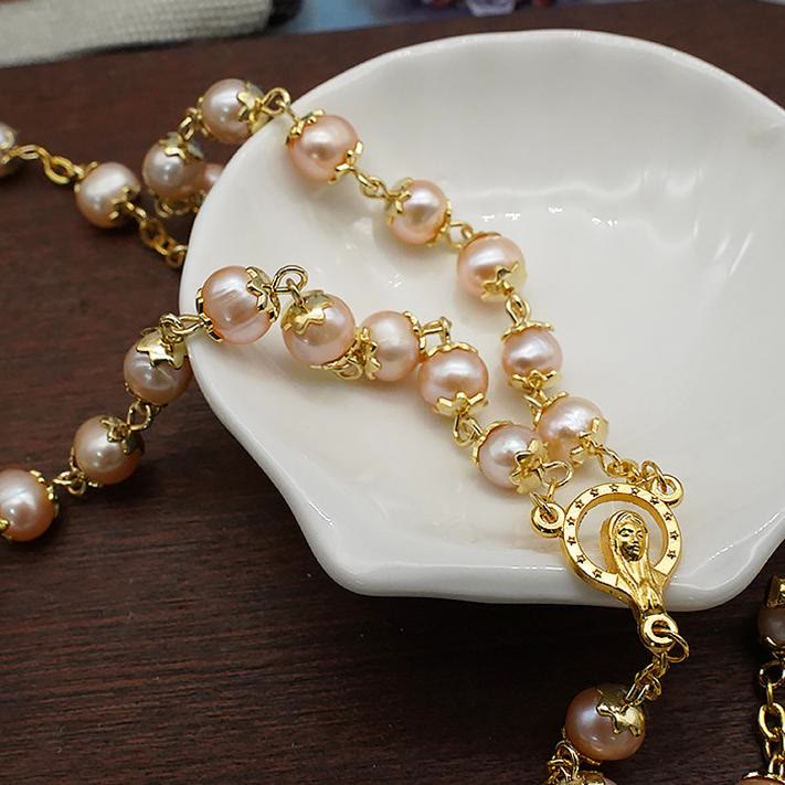 Virgin Mary & Crucifix, Round Champagne Pearl Alloy Chain Rosary
