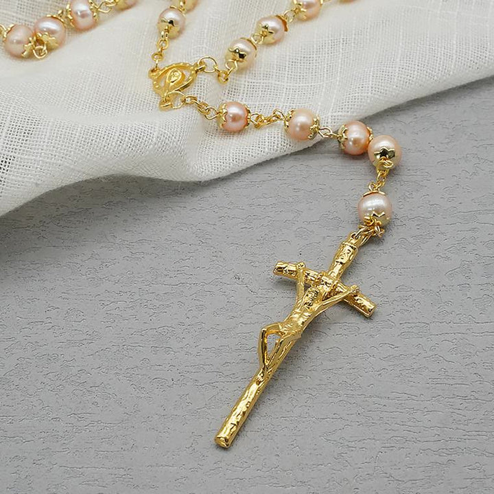 Virgin Mary & Crucifix, Round Champagne Pearl Alloy Chain Rosary