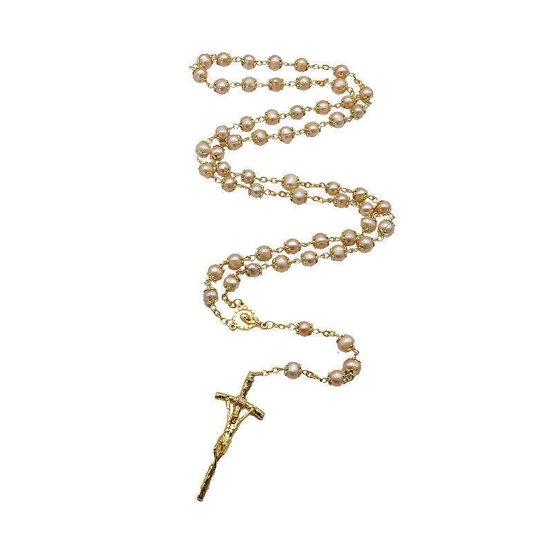 Virgin Mary & Crucifix, Round Champagne Pearl Alloy Chain Rosary