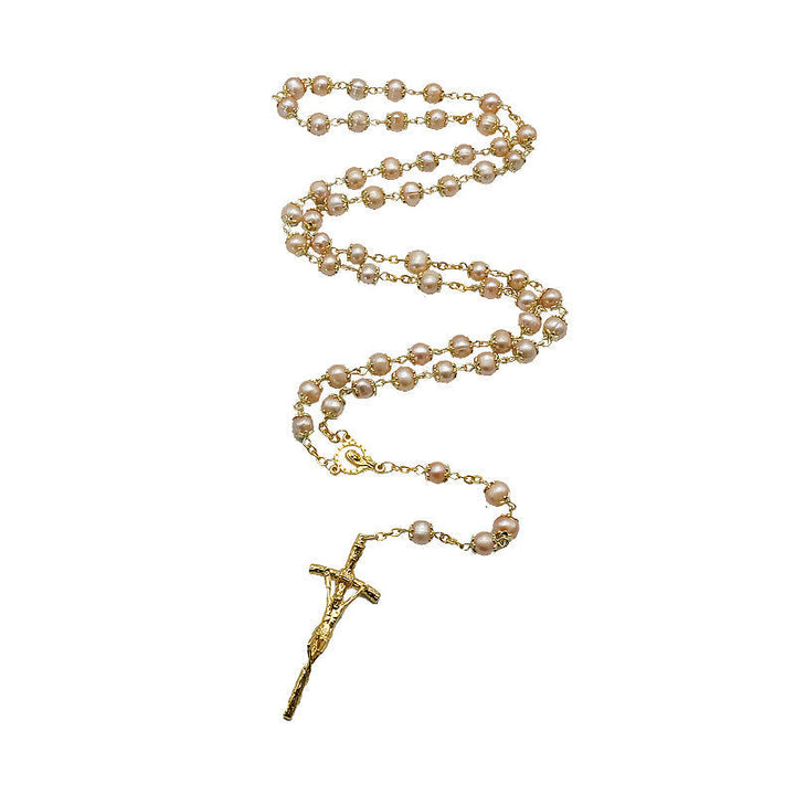 Virgin Mary & Crucifix, Round Champagne Pearl Alloy Chain Rosary