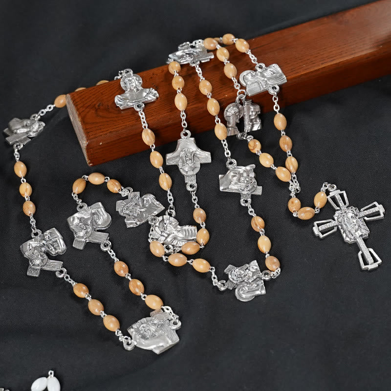 Via Crucis 14 Stations of the Cross Oval Mother of Pearl/Olive Wood Rosary