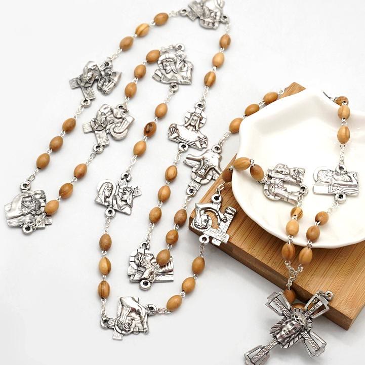 Via Crucis 14 Stations of the Cross Oval Mother of Pearl/Olive Wood Rosary