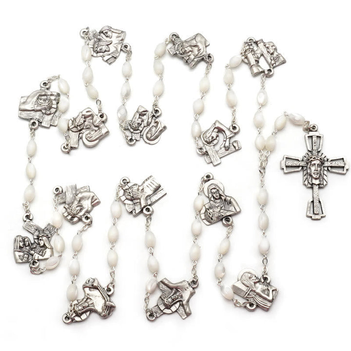 Via Crucis 14 Stations of the Cross Oval Mother of Pearl/Olive Wood Rosary