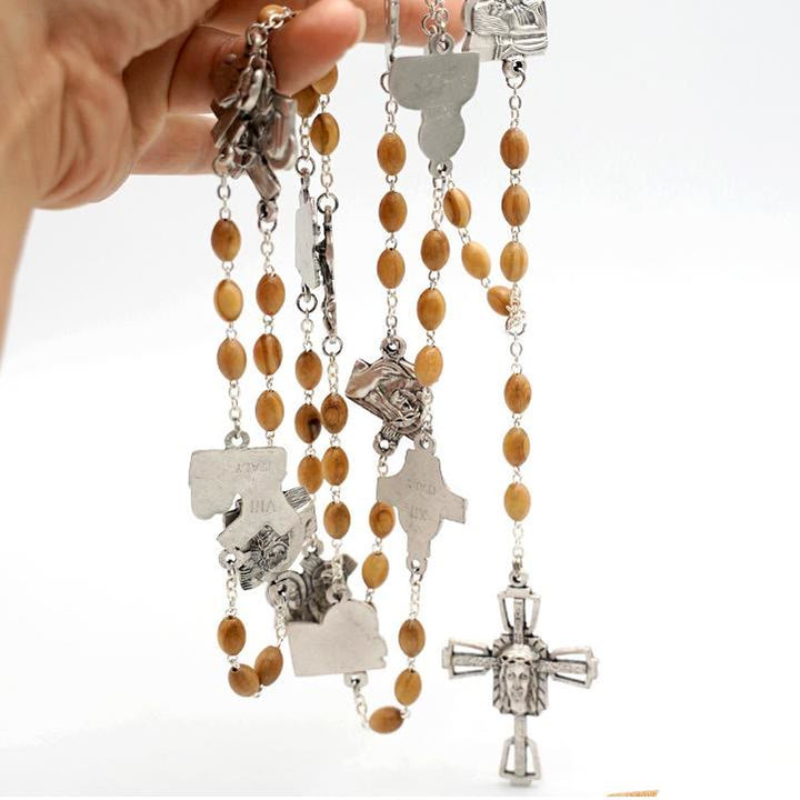 Via Crucis 14 Stations of the Cross Oval Mother of Pearl/Olive Wood Rosary