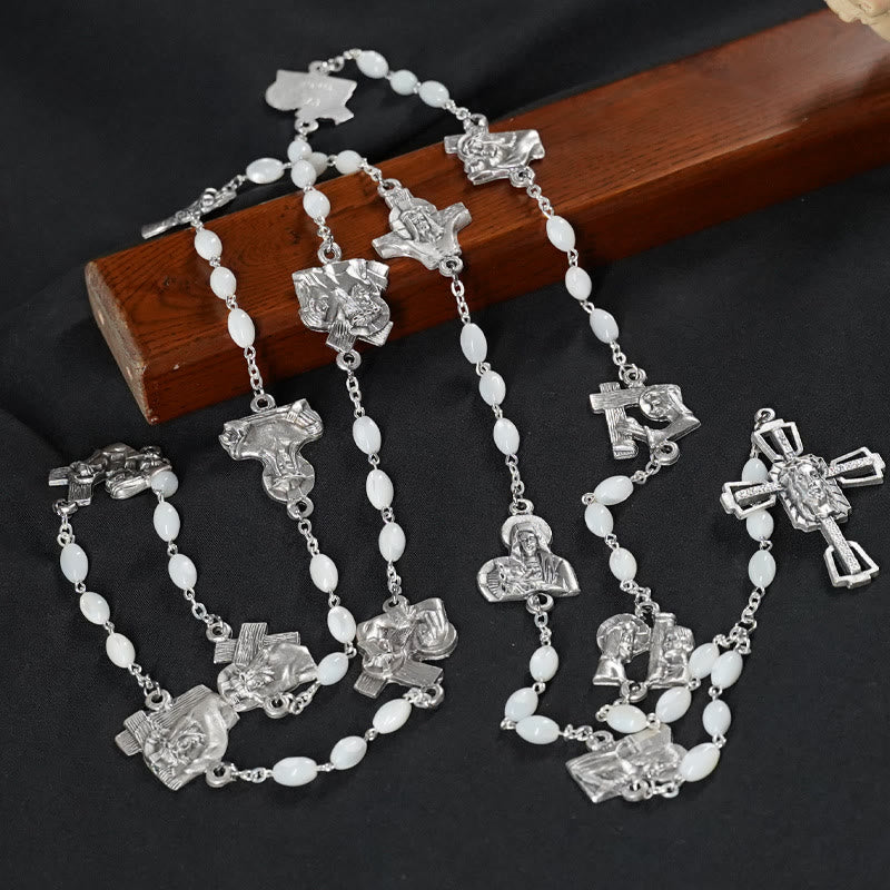 Via Crucis 14 Stations of the Cross Oval Mother of Pearl/Olive Wood Rosary