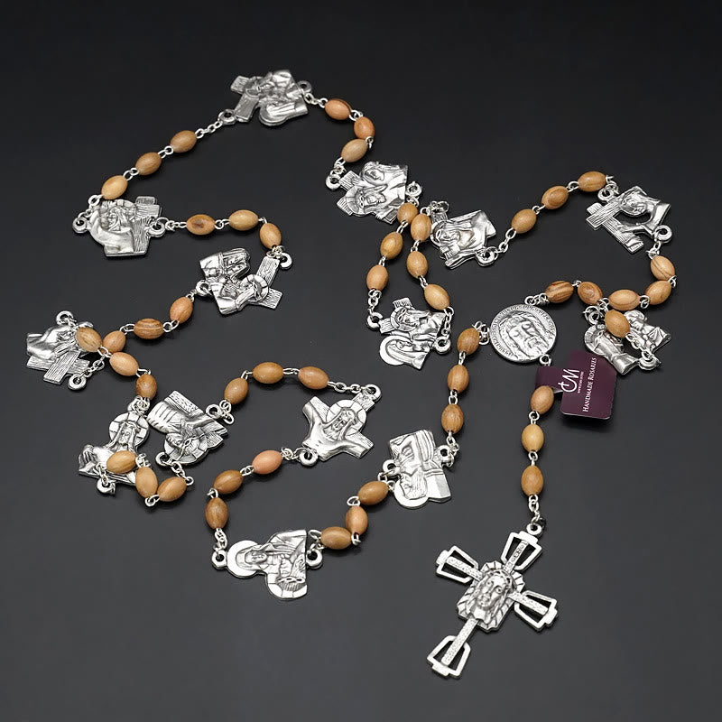 Via Crucis 14 Stations of the Cross Oval Mother of Pearl/Olive Wood Rosary