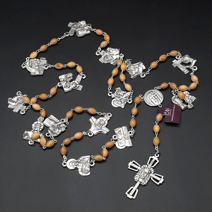 Via Crucis 14 Stations of the Cross Oval Mother of Pearl/Olive Wood Rosary