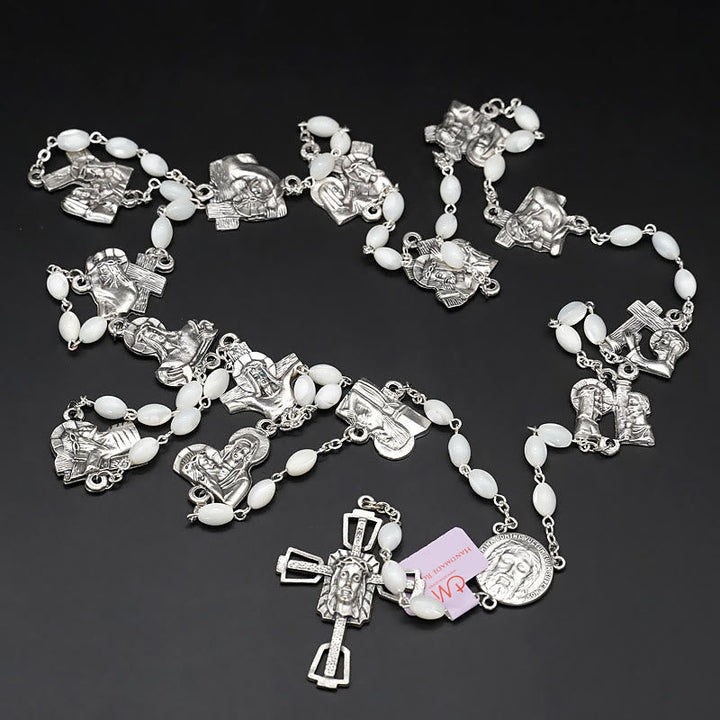 Via Crucis 14 Stations of the Cross Oval Mother of Pearl/Olive Wood Rosary