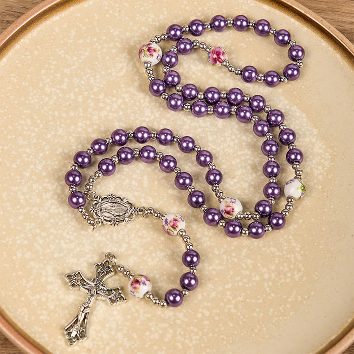 Miraculous Medal & Crucifix, Round Multicolor Pearl/Ceramics Rosary