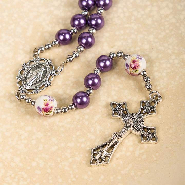 Miraculous Medal & Crucifix, Round Multicolor Pearl/Ceramics Rosary