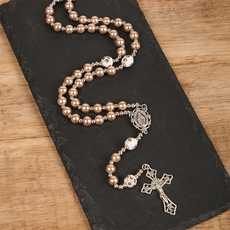 Miraculous Medal & Crucifix, Round Multicolor Pearl/Ceramics Rosary