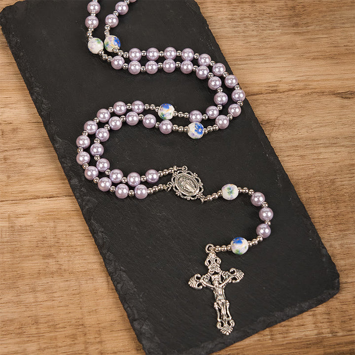 Miraculous Medal & Crucifix, Round Multicolor Pearl/Ceramics Rosary
