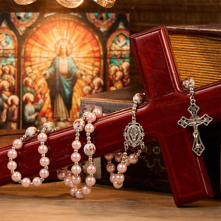 Miraculous Medal & Crucifix, Round Multicolor Pearl/Ceramics Rosary