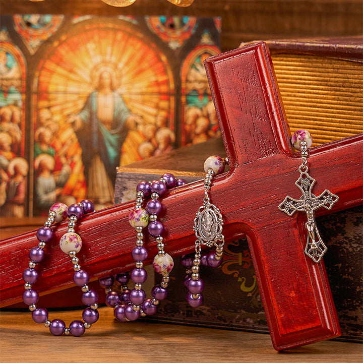Miraculous Medal & Crucifix, Round Multicolor Pearl/Ceramics Rosary