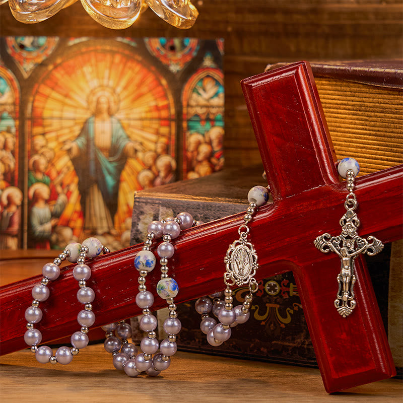 Miraculous Medal & Crucifix, Round Multicolor Pearl/Ceramics Rosary