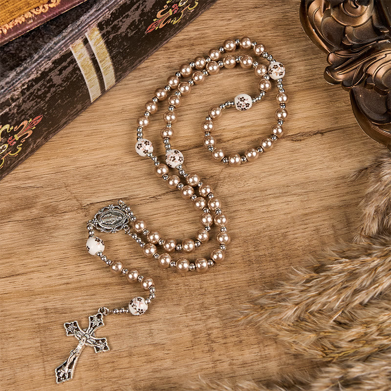 Miraculous Medal & Crucifix, Round Multicolor Pearl/Ceramics Rosary