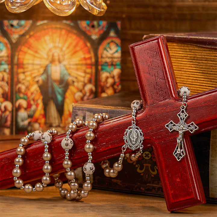 Miraculous Medal & Crucifix, Round Multicolor Pearl/Ceramics Rosary