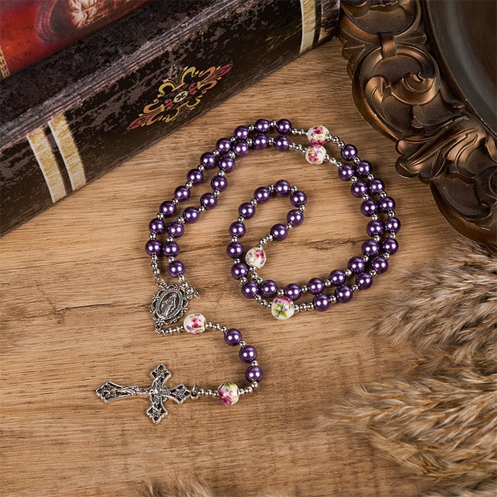 Miraculous Medal & Crucifix, Round Multicolor Pearl/Ceramics Rosary