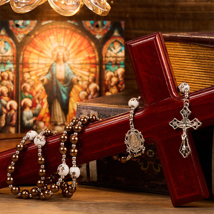 Miraculous Medal & Crucifix, Round Multicolor Pearl/Ceramics Rosary