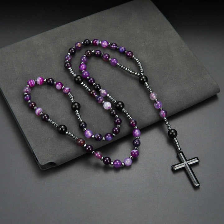 Purple Agate Natural Stone Cross Rosary