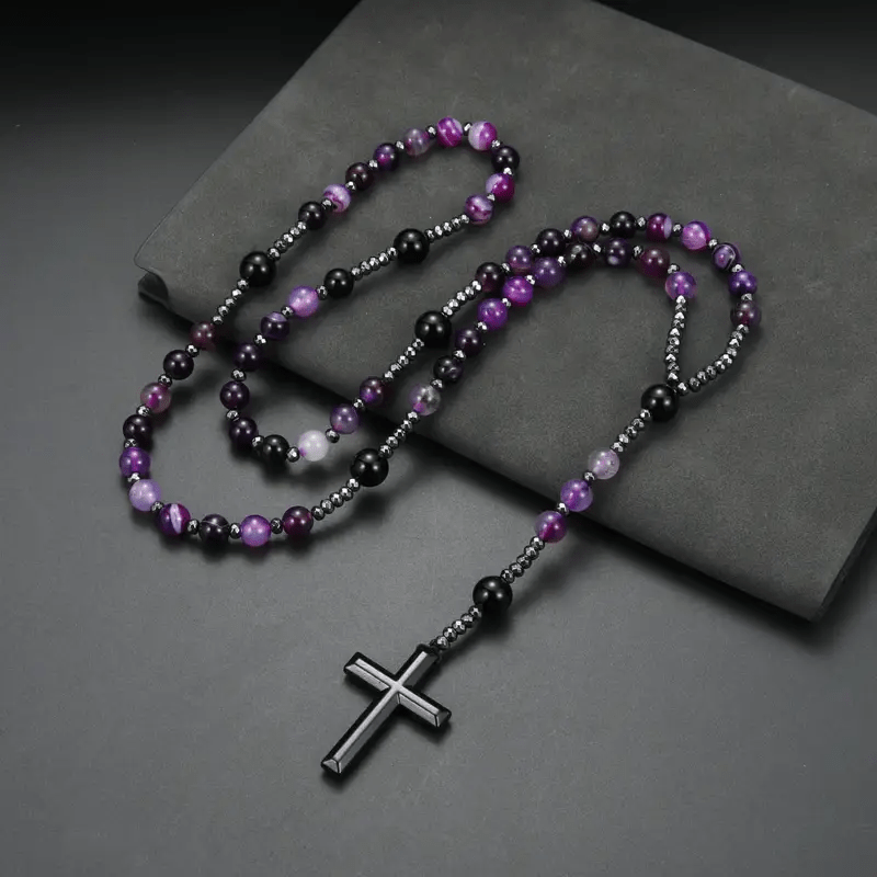 Purple Agate Natural Stone Cross Rosary
