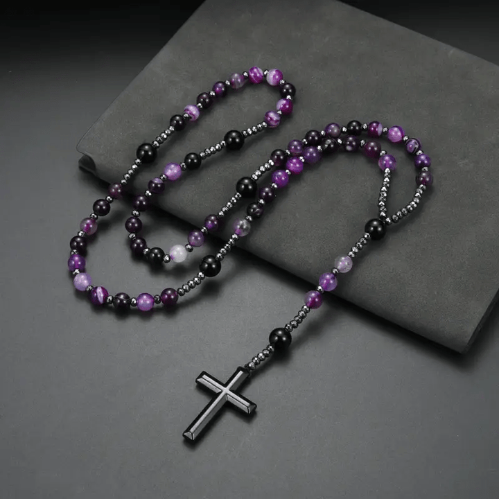 Purple Agate Natural Stone Cross Rosary
